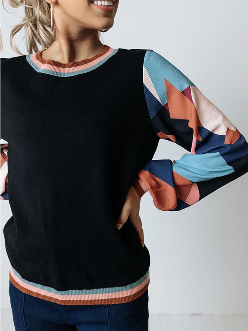 Fate Crewneck Sweater with Colorblock Geometric Blouson Sleeves (rack)